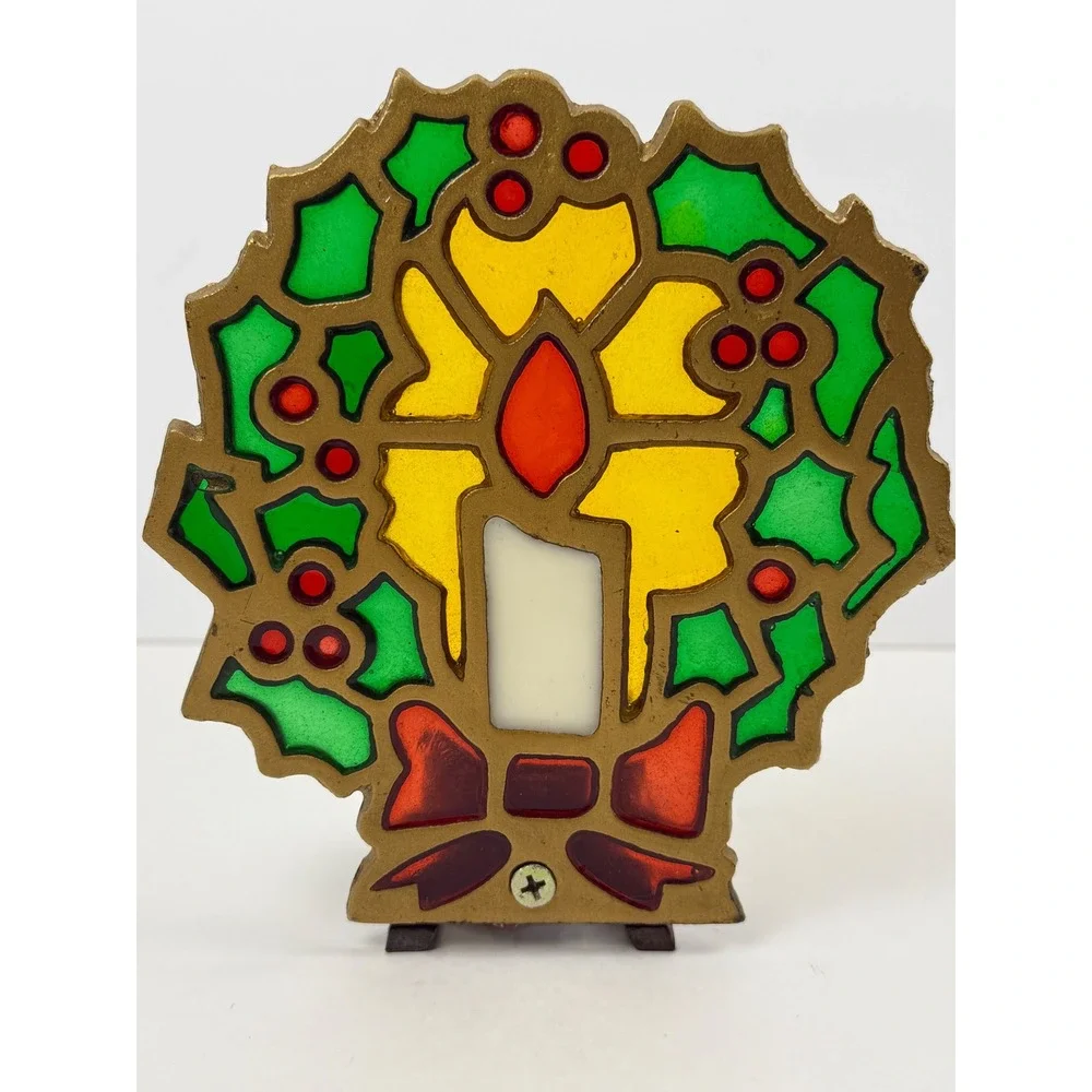 Vintage Christmas Wreath Stained Glass Style Cast Metal Votive Candle Holder